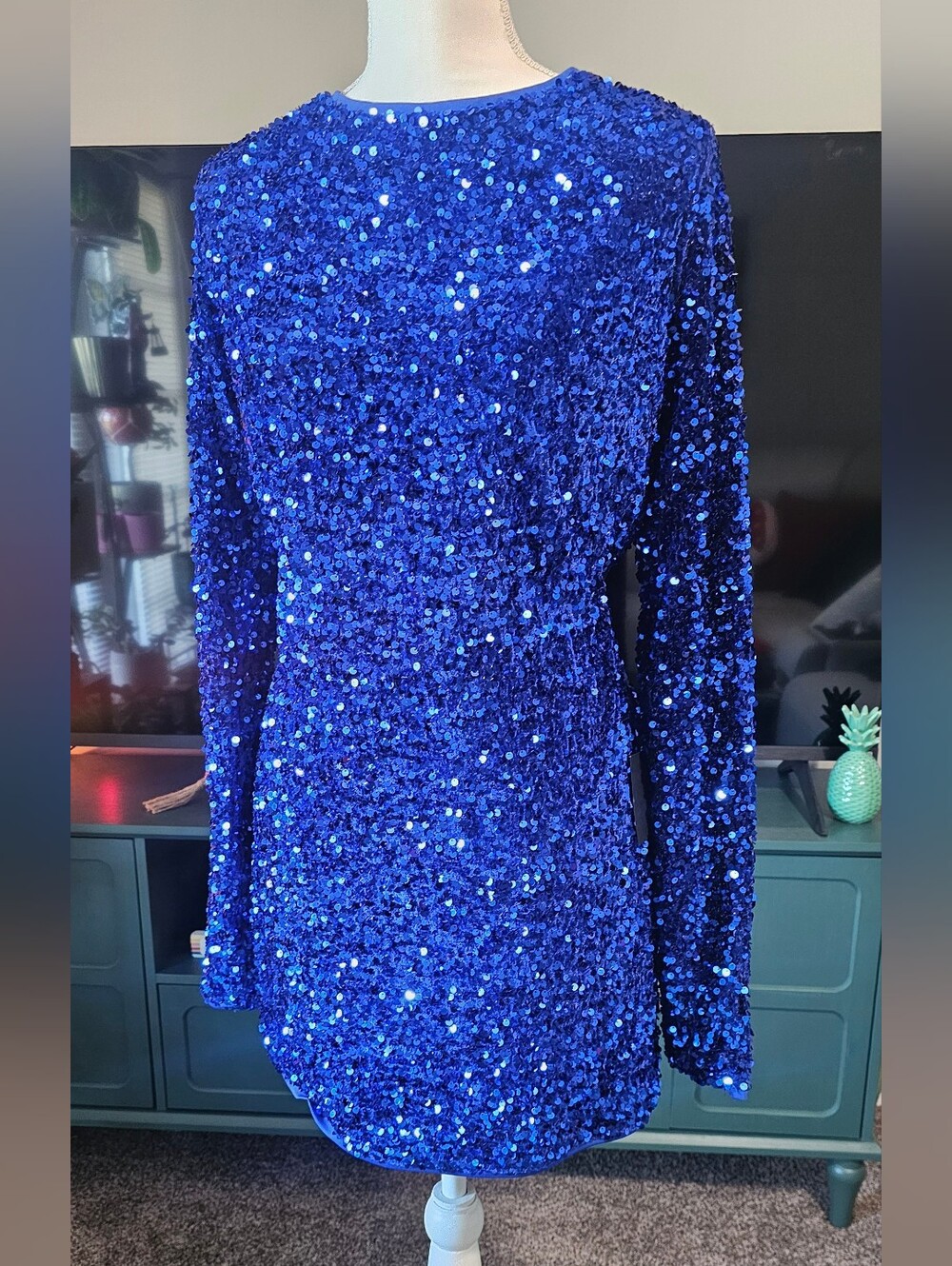 LuLus Elegant Sequin Long-Sleeve Mini Dress - Royal Blue